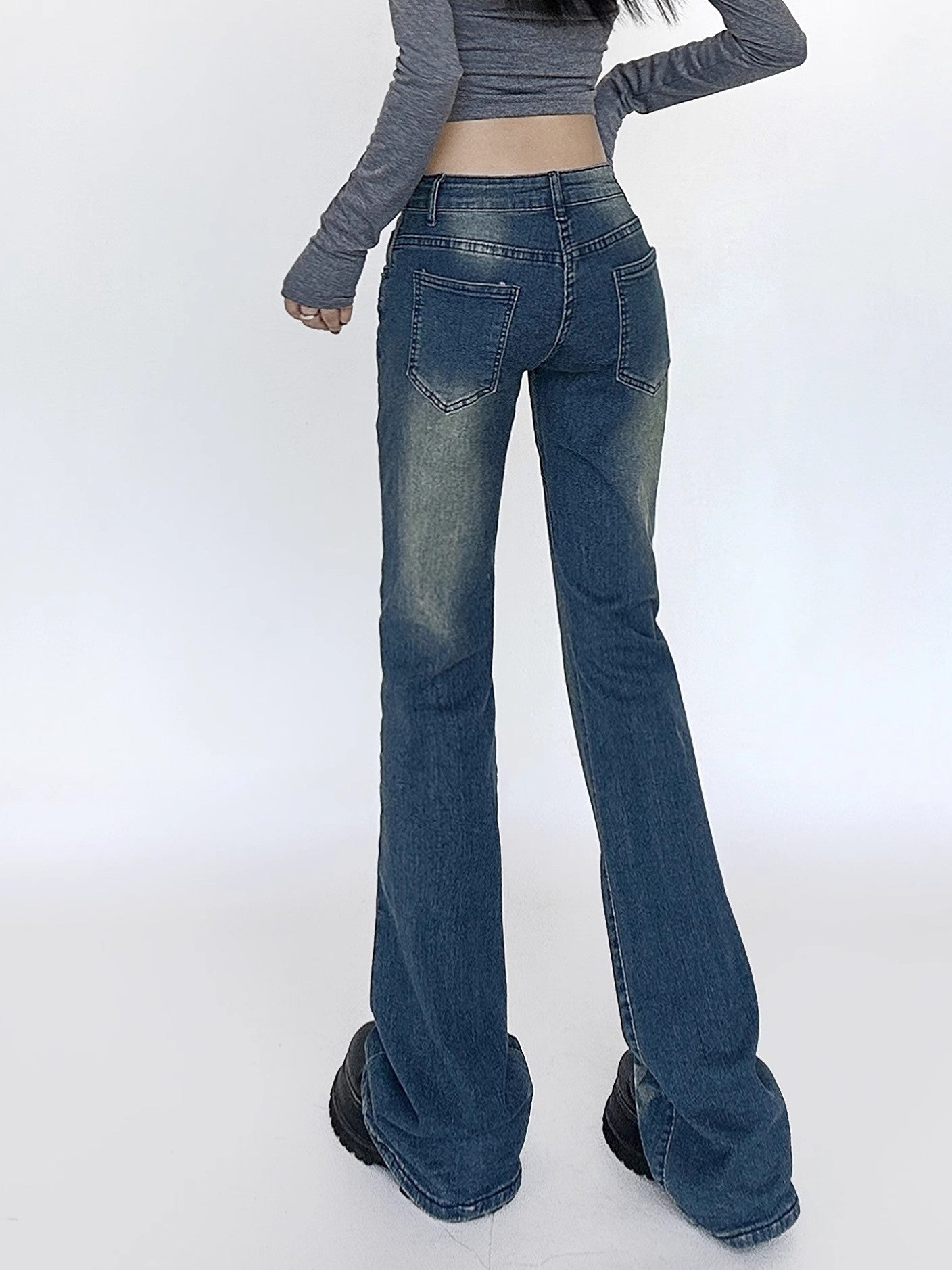 Washed Low Waist Micro Flare Denim Jeans NA4621