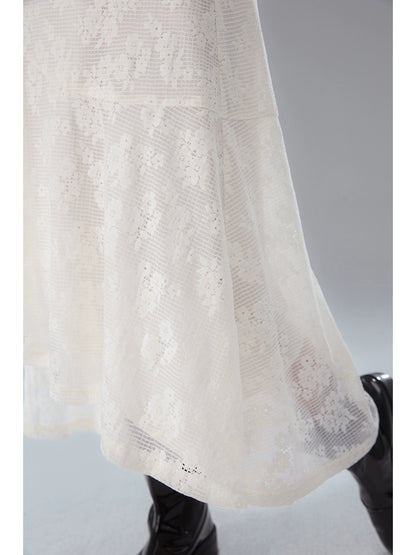 Irregular Splicing Lace Hollow Out Shoulder Shirt & Skirt Setup NA5547