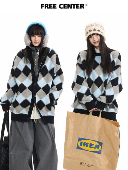 Heavyweight Diamond Pattern Oversize Hooded Knit Cardigan & Knit Sweater NA8871