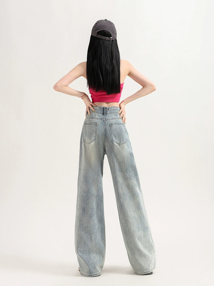 Damaged Wide-Leg Straight Denim Jeans NA3539