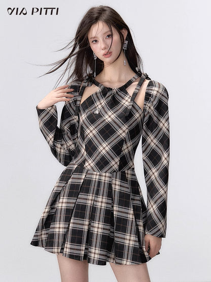 Shoulder Cut Plaid A-line Pleated Dress NA4916