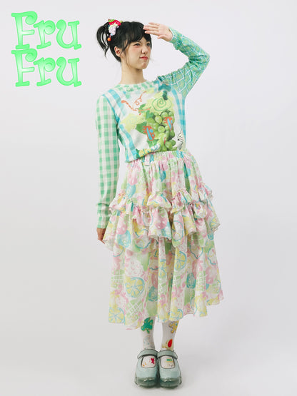 Fruit Print Ruffle Lace A-Line Skirt NA6568