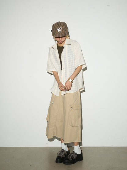 Ruffle Sheer Check Drawstring Hollow Short Sleeve Shirt NA9069