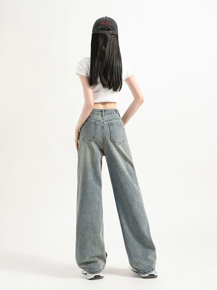 Washed Wide-Leg Straight Denim Jeans NA3296