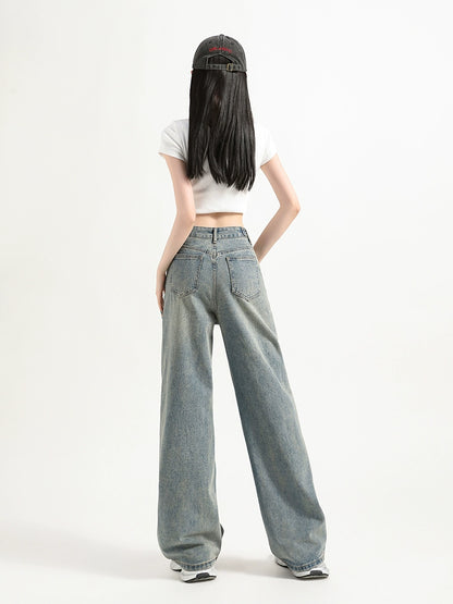 Washed Wide-Leg Straight Denim Jeans NA3296