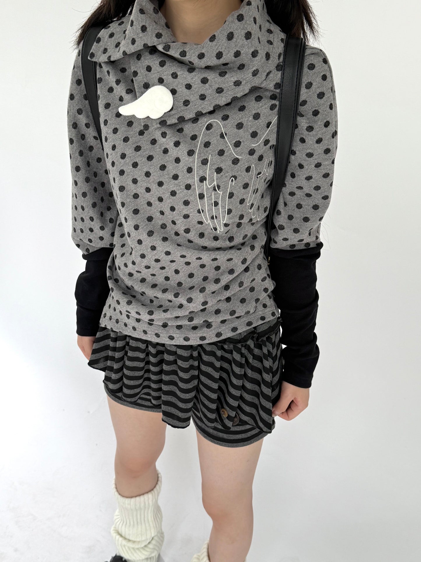 Asymmetric Polka Dot Fitted Long Sleeve T-Shirt NA9293