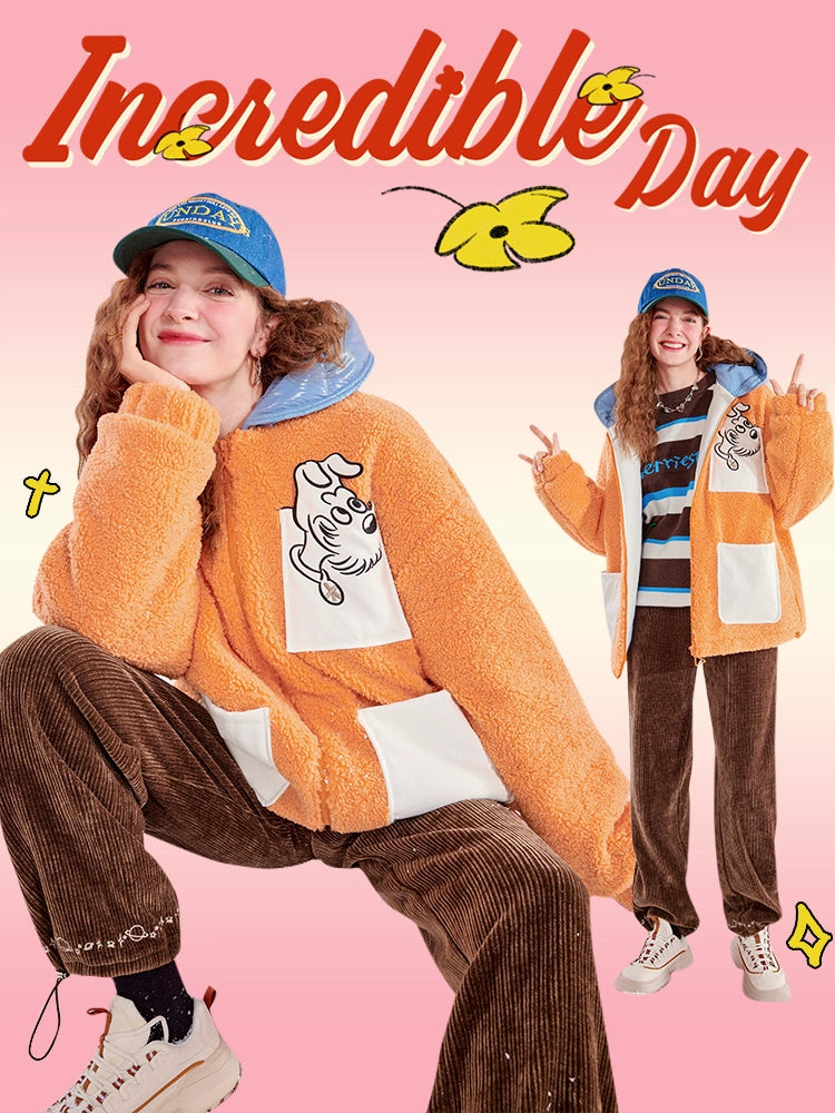 PU Patchwork Cartoon Sherpa Hooded Padded Jacket NA6743