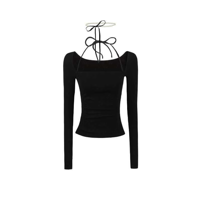 With Pearl Necklace Square Neck Long Sleeve T-shirt NA3989