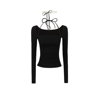 With Pearl Necklace Square Neck Long Sleeve T-shirt NA3989