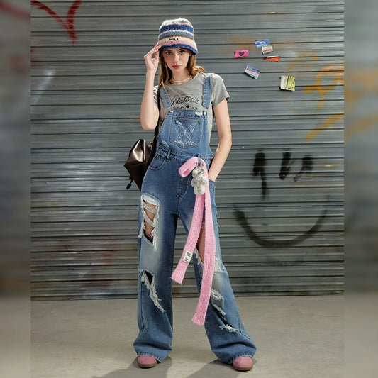 Damaged Oversize Denim Overalls NA3491