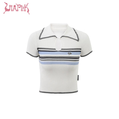 Droplet Neck Striped Short Sleeve Knit Polo Shirt NA4883