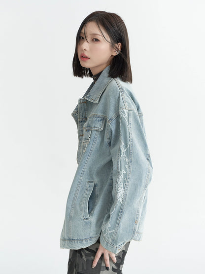 Rose Embroidery Oversized Denim Jacket NA2735