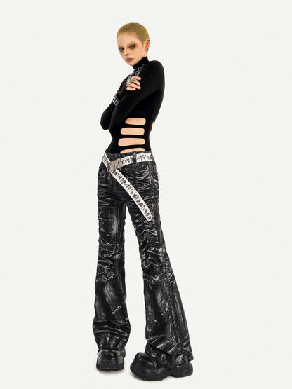 Lightning Print Deconstructed Pleats Flare Denim Jeans NA8630