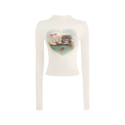 Stand Neck Cat Print Long Sleeve T-shirt NA4084