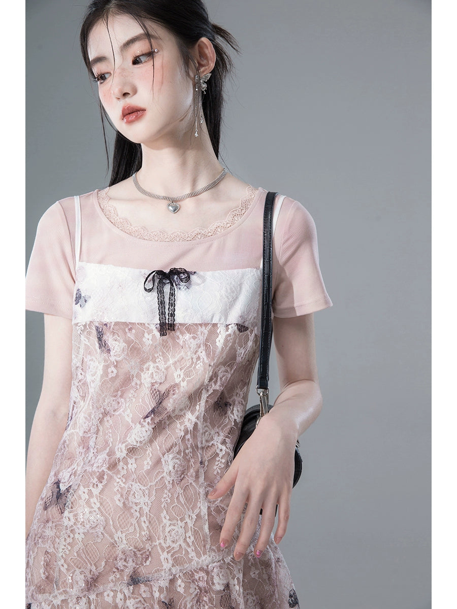 Stacking Transparent Lace Short Sleeve Dress NA5558