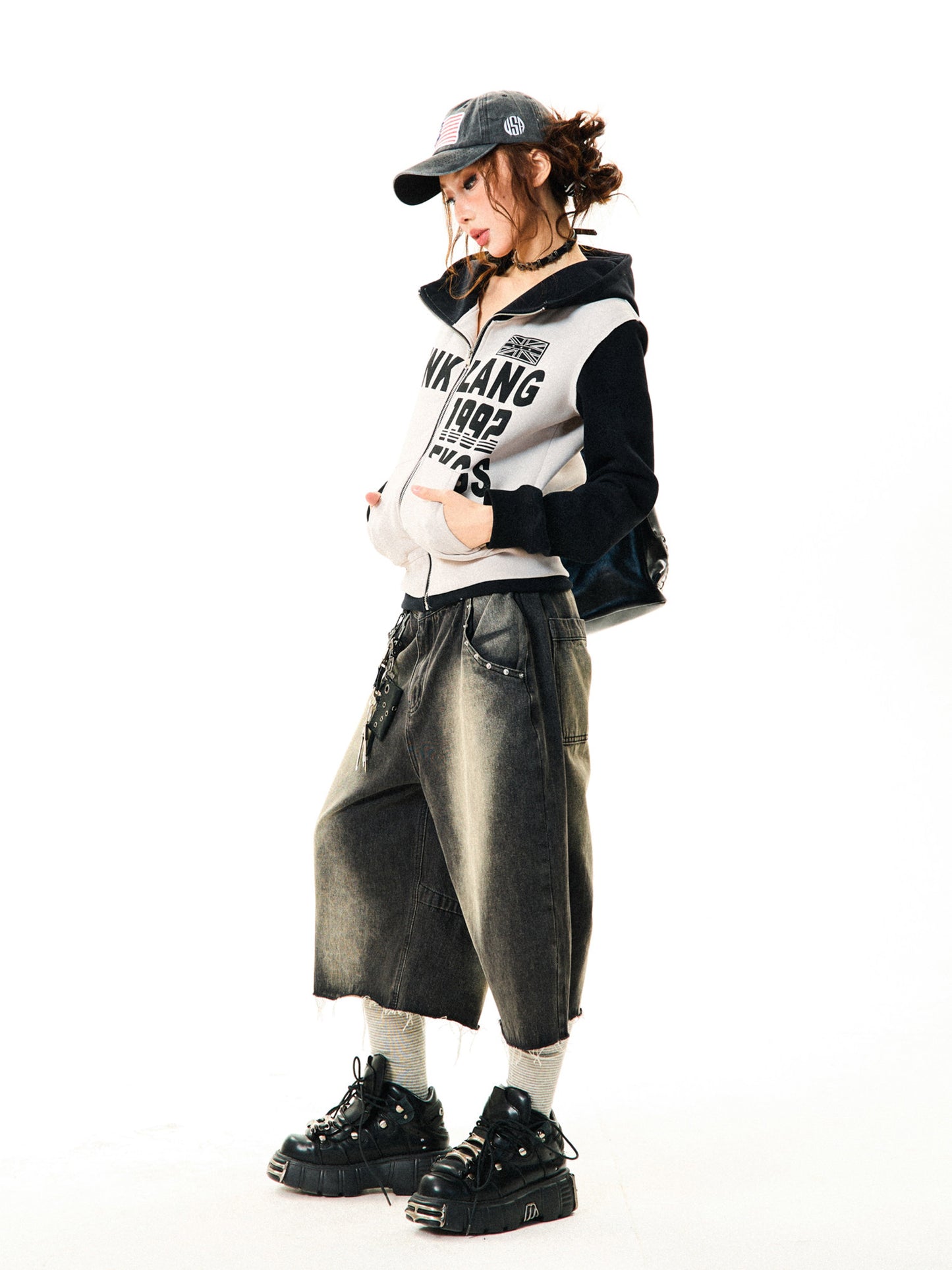 Color Block Letter Print Fitted Zipper Hoodie NA9363