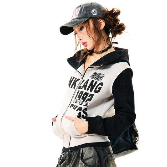 Color Block Letter Print Fitted Zipper Hoodie NA9363
