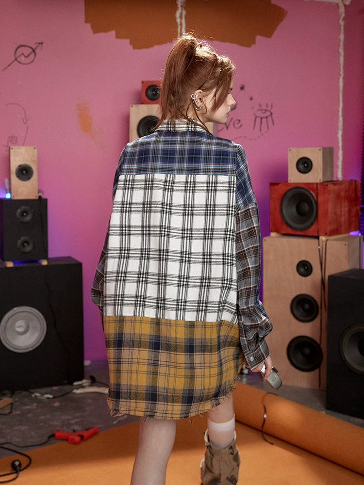 Oversize Patchwork Plaid Shirt NA3217