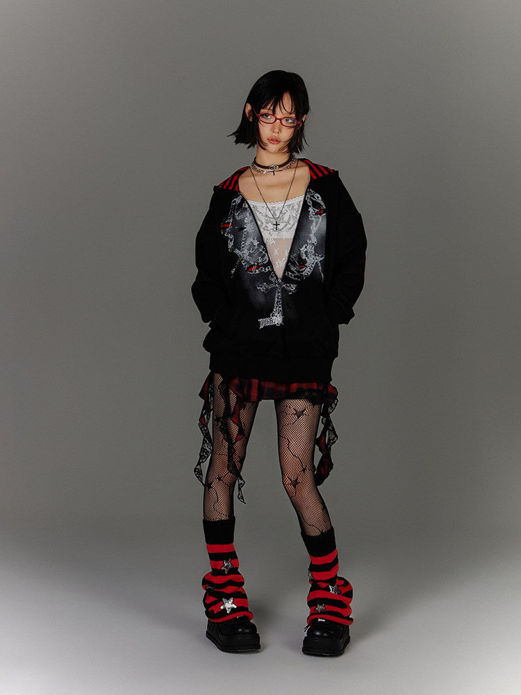 Fake Layered Zipper Stripe Oversize Pullover Hoodie NA8920