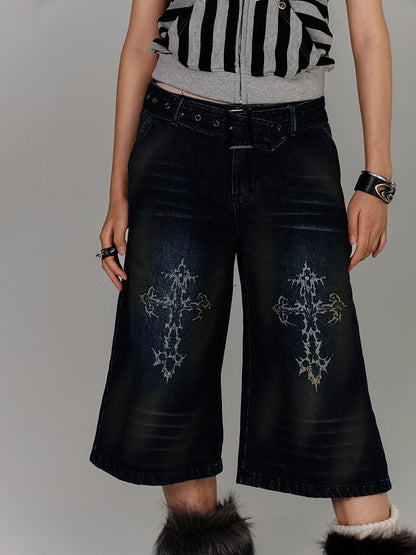 Washed Damage High-Waist Cropped Straight Denim Jeans NA8880