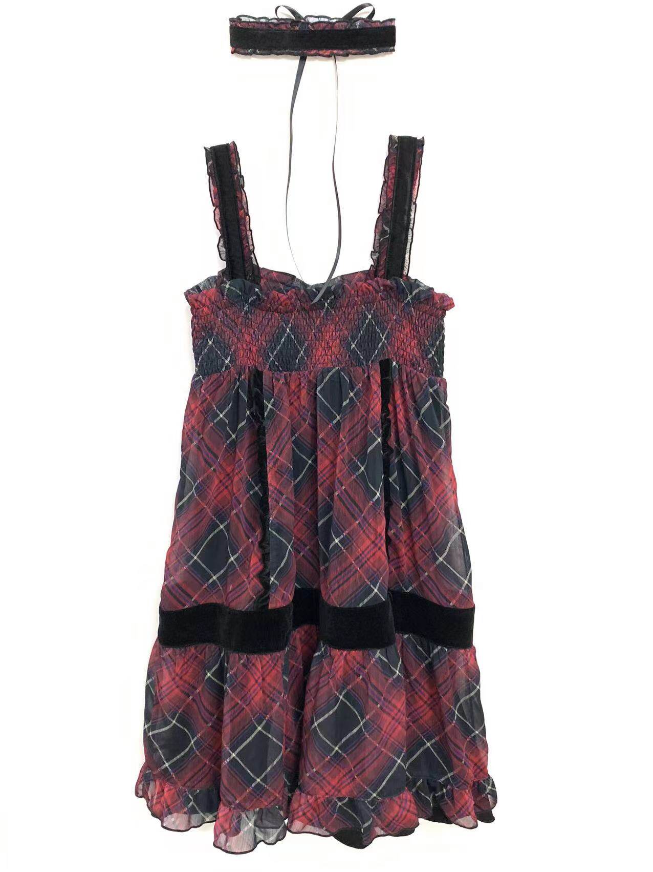 Plaid Lace Strap Tiered Sleeveless Dress NA9302