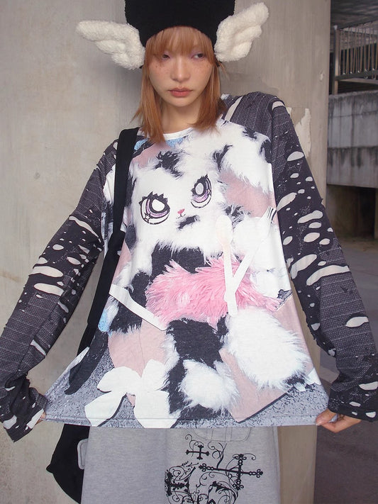 Rabbit Print Raglan Sleeve Long Sleeve T-shirt NA6610