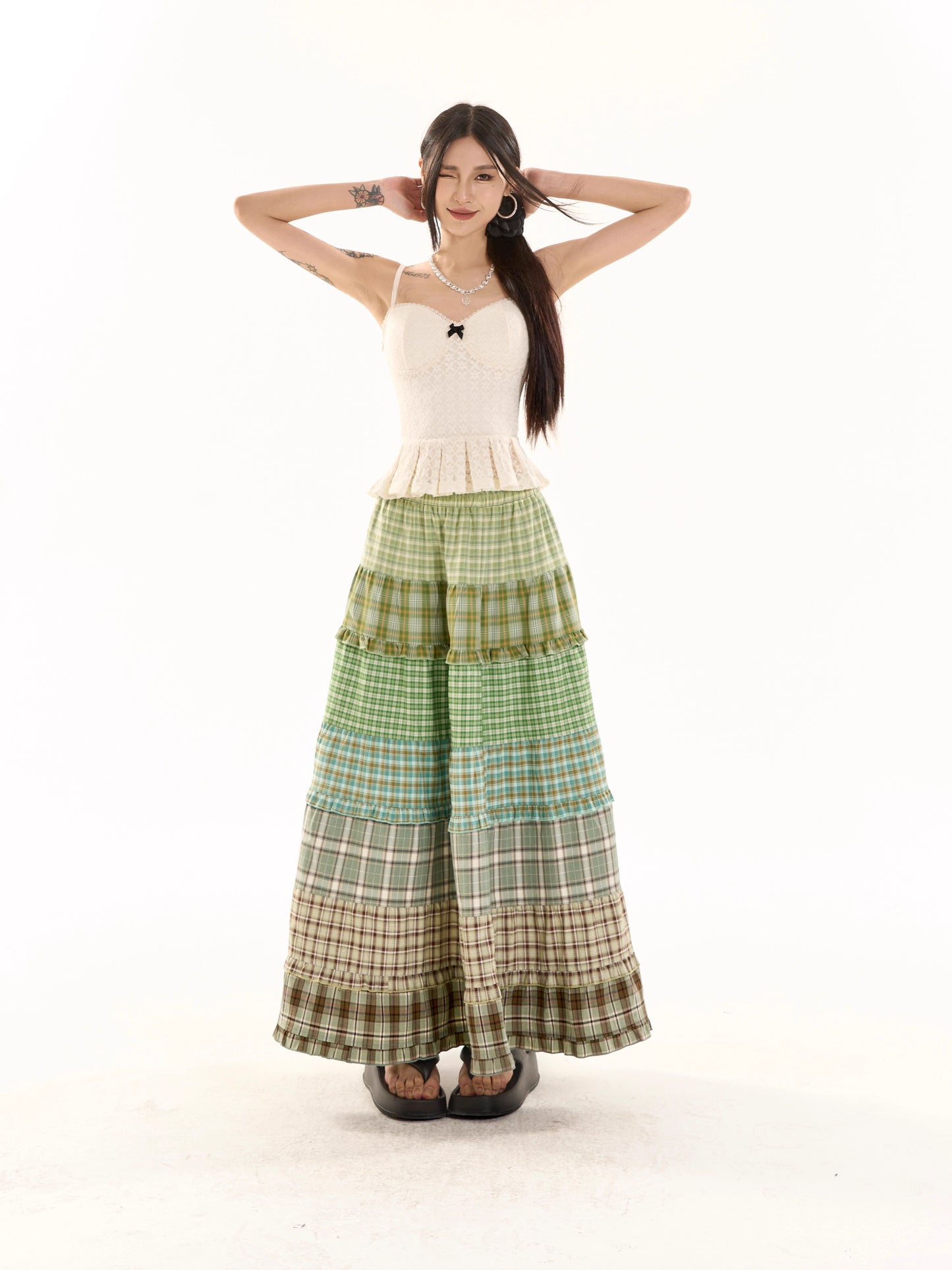 Patchwork Plaid Long Skirt NA3913