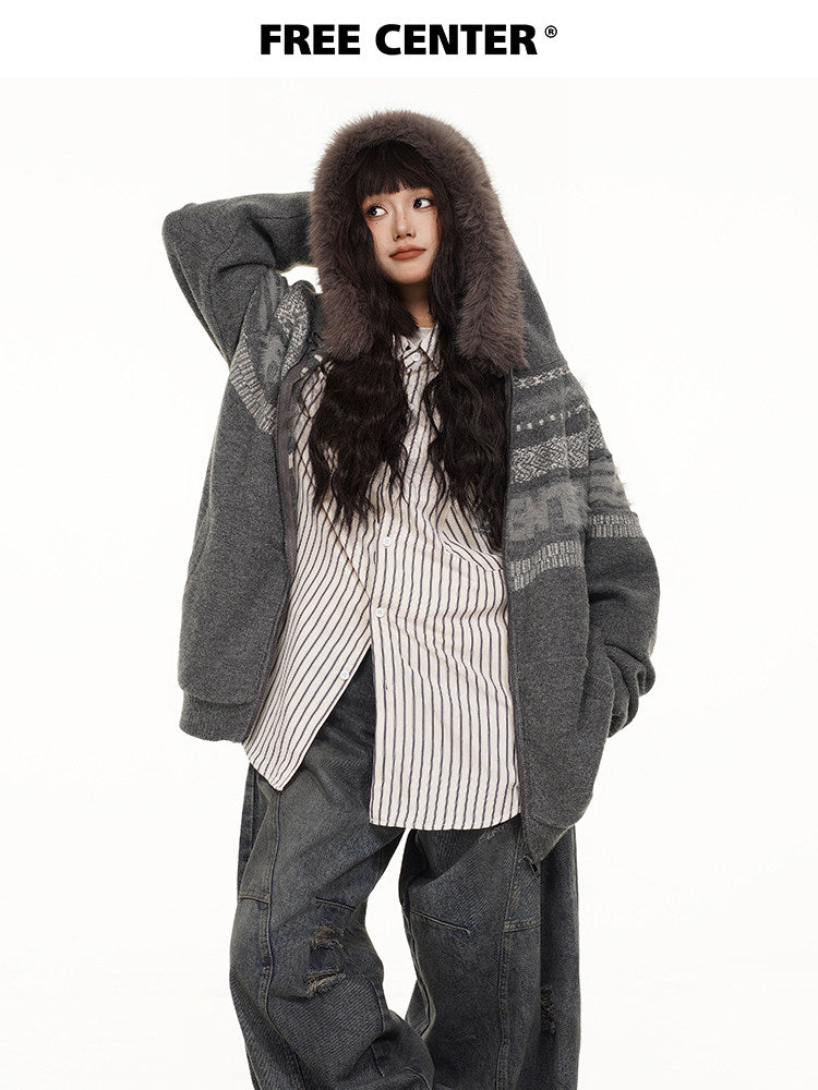 Fair Isle Hooded Detachable Fur Collar Knit Cardigan NA8870