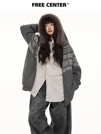 Fair Isle Hooded Detachable Fur Collar Knit Cardigan NA8870