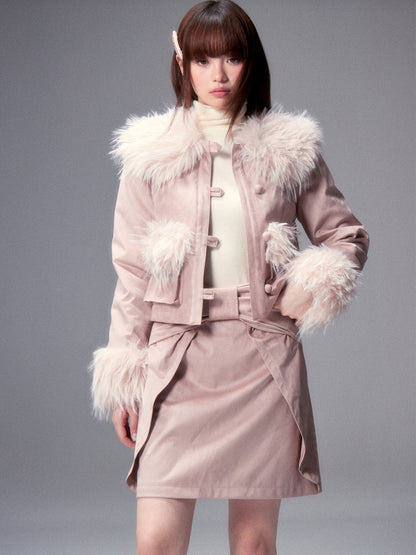 Fur Collar Bow Jacket & Bow Suede Skirt Setup NA8800