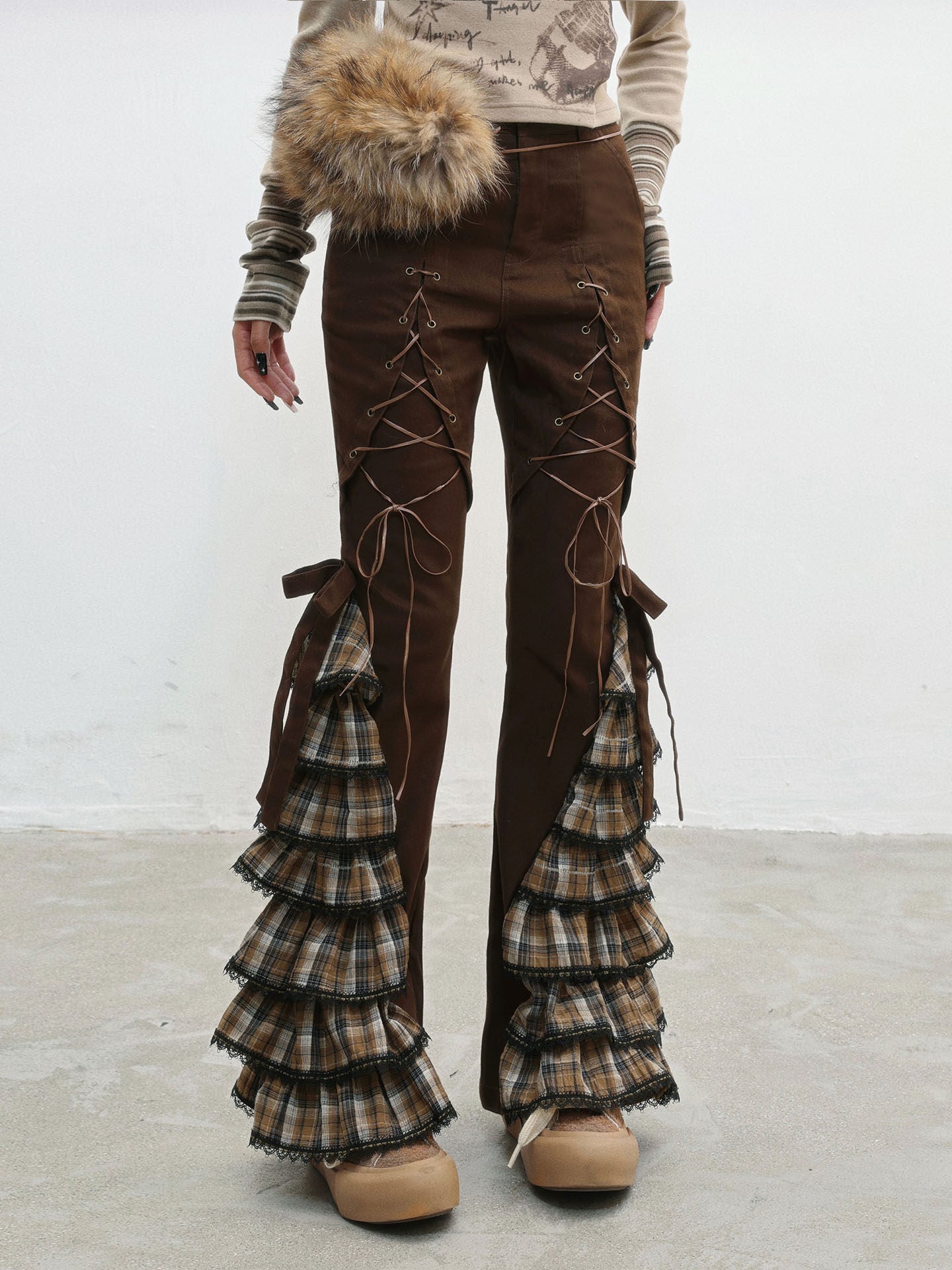 Plaid Lace-Up Ruffle Slimming Pants NA8559