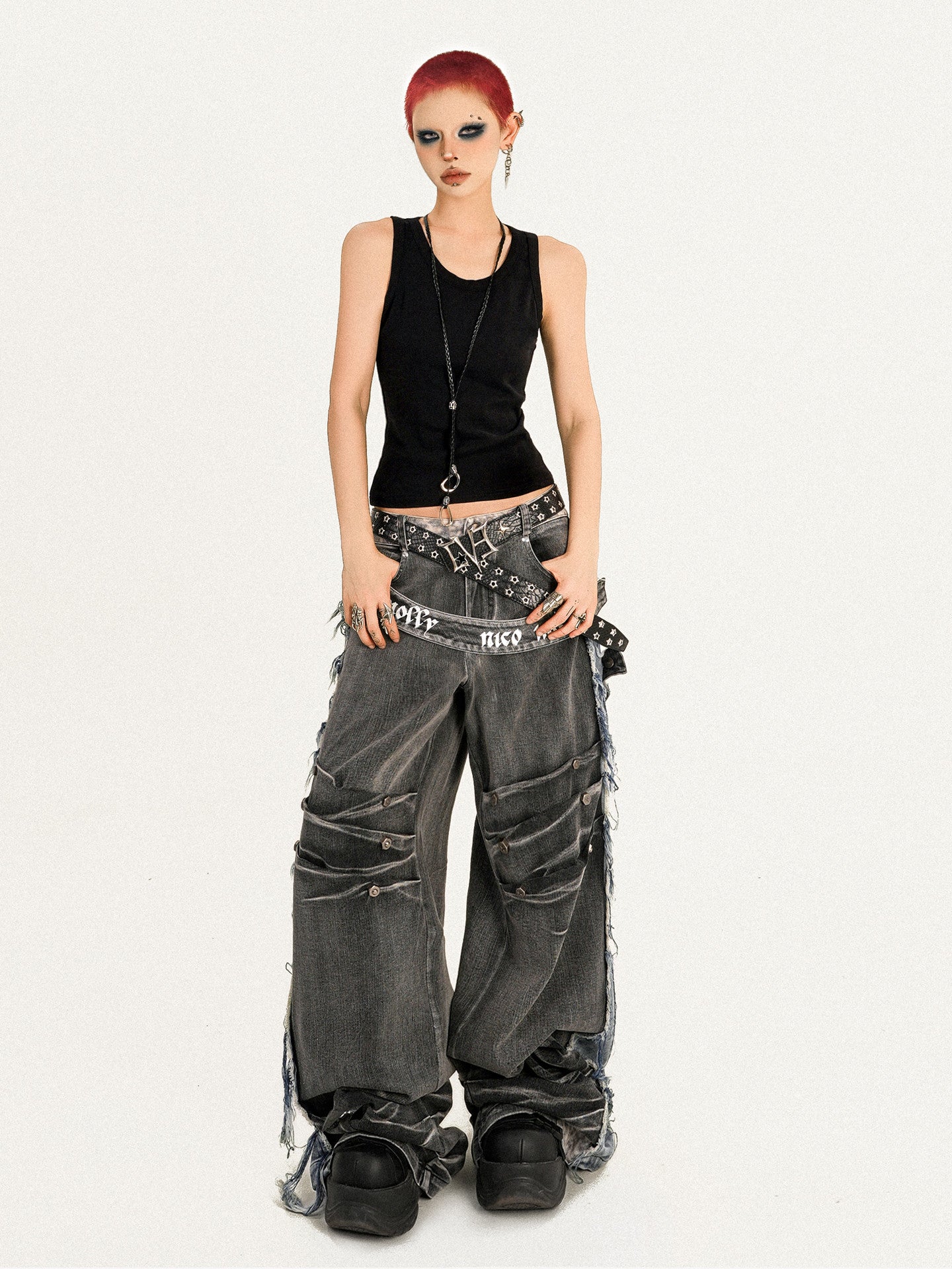 Damage Wash Raw Hem Wide Leg Denim Jeans NA8607