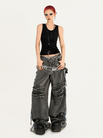 Damage Wash Raw Hem Wide Leg Denim Jeans NA8607