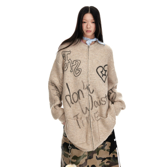 Graffiti Fuzzy Knit Oversize Long Cardigan NA7074