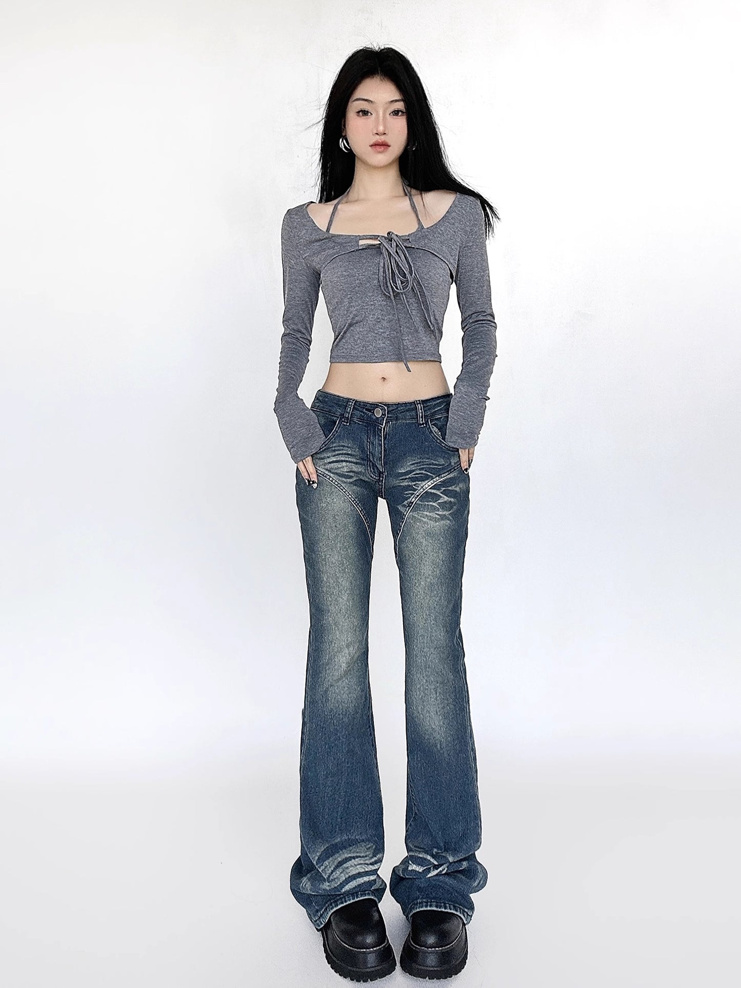 Washed Low Waist Micro Flare Denim Jeans NA4621