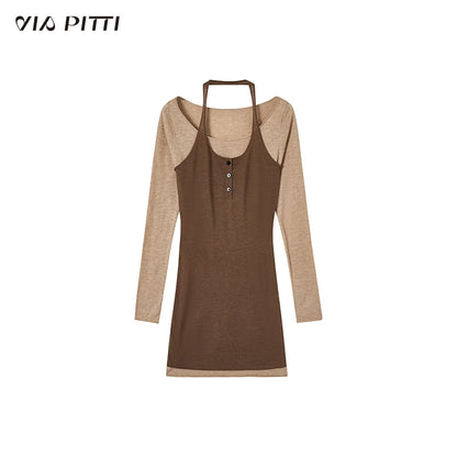 Hanging Neck Fake Layered Knit & Long Sleeve T-shirt NA4744