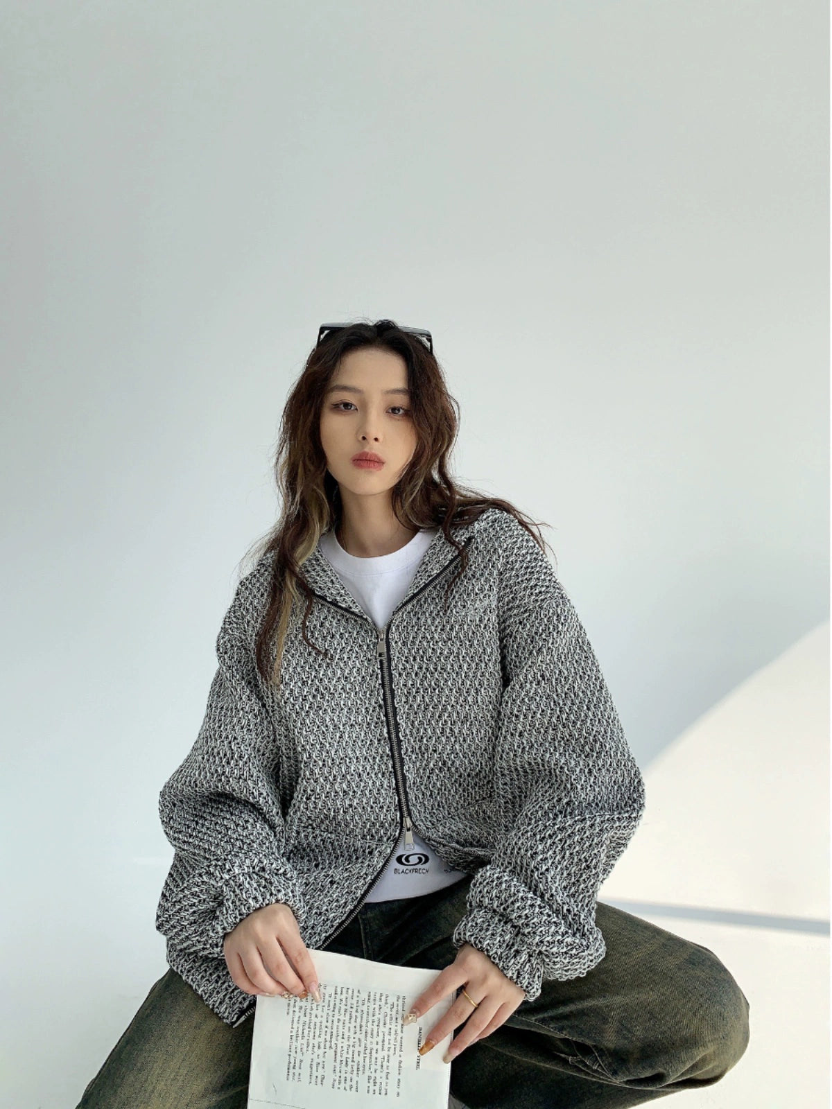 Oversized Zipper Hooded Knit Cardigan NA2847