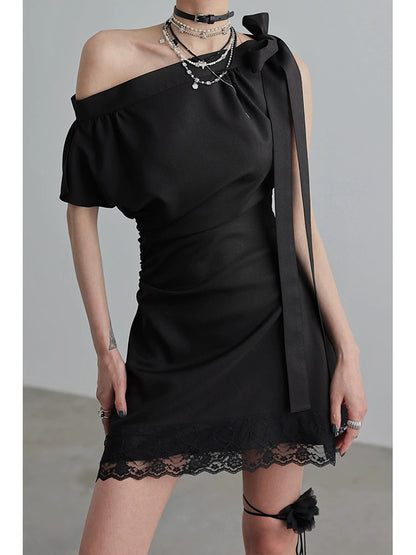 Asymmetric Shoulder Lace Up Dress NA4209