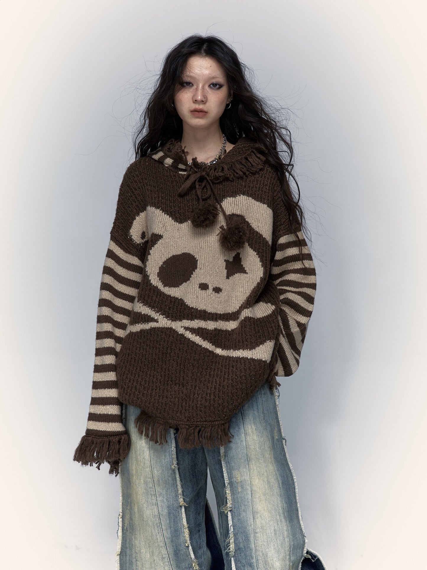 Skull Print Stripe Oversize Knit Hoodie NA8999