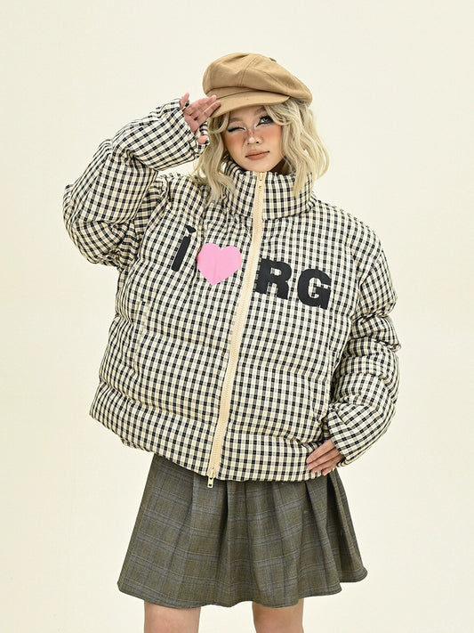 Heart Plaid Stand Neck Short Puffer Jacket NA6227