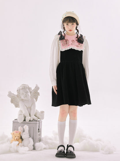 Quirky Print Bubble Sleeve Fake Layered Long Sleeve Blouse NA8294