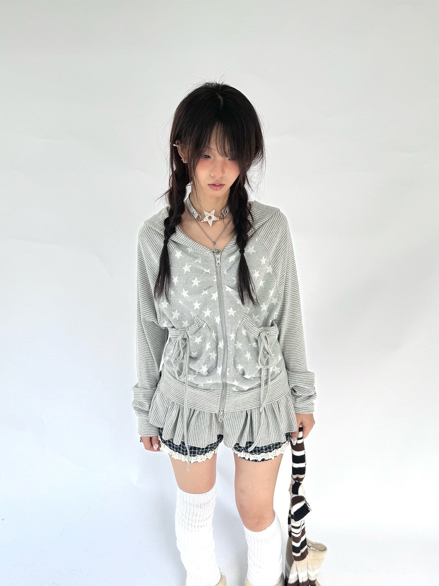 Striped Patchwork Hooded Drawstring Ruffle Jacket & Skirt Setup NA9266
