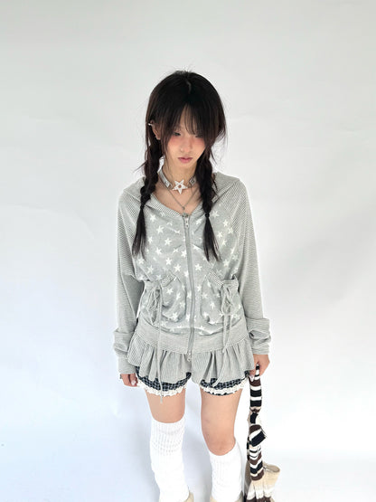 Striped Patchwork Hooded Drawstring Ruffle Jacket & Skirt Setup NA9266