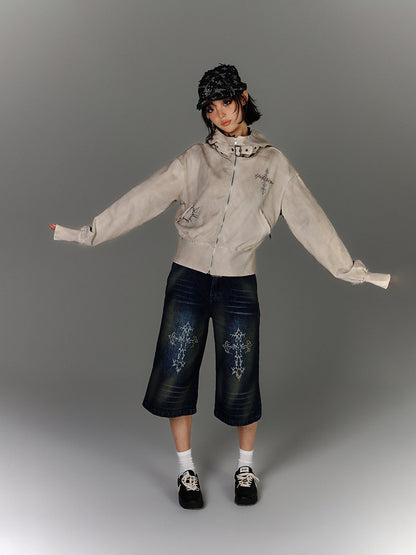 Washed Damage Oversize Zipper Hoodie NA8877