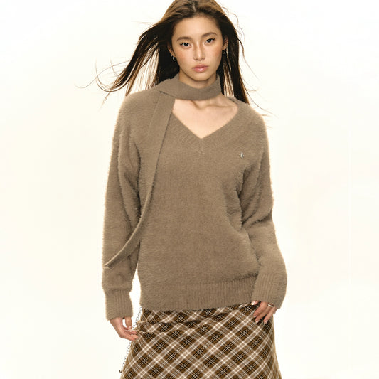 V-neck Knit Sweater With Scarf NA5283