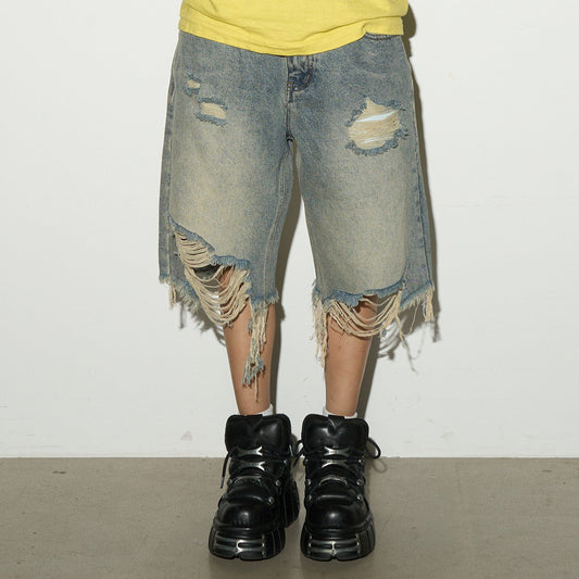 Damage Washed Frayed Hem Half Denim Jeans NA9113