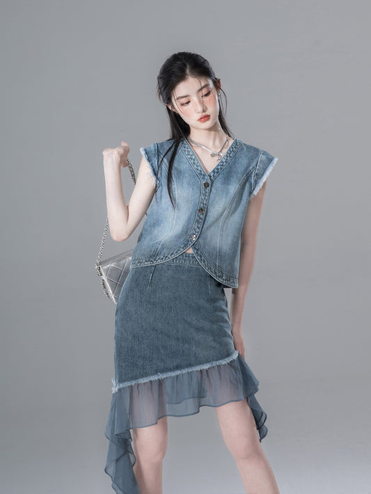 Denim Sleeveless Top & Splicing Bow Denim Skirt Setup NA5555