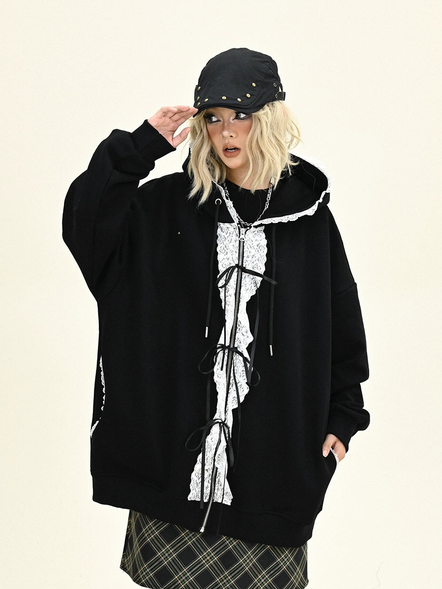 Oversize Lace Design Zipper Hoodie NA6278