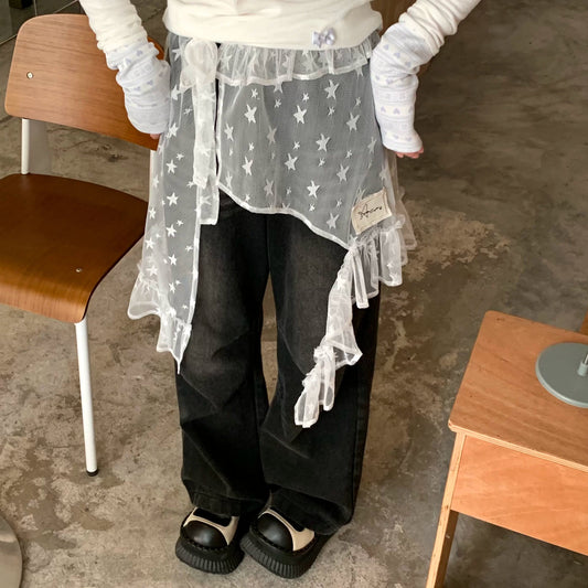 NA9268 Kasugano Great value reward! Star mesh gauze label skirt bib layered lace lace skirt loose skirt NA9268