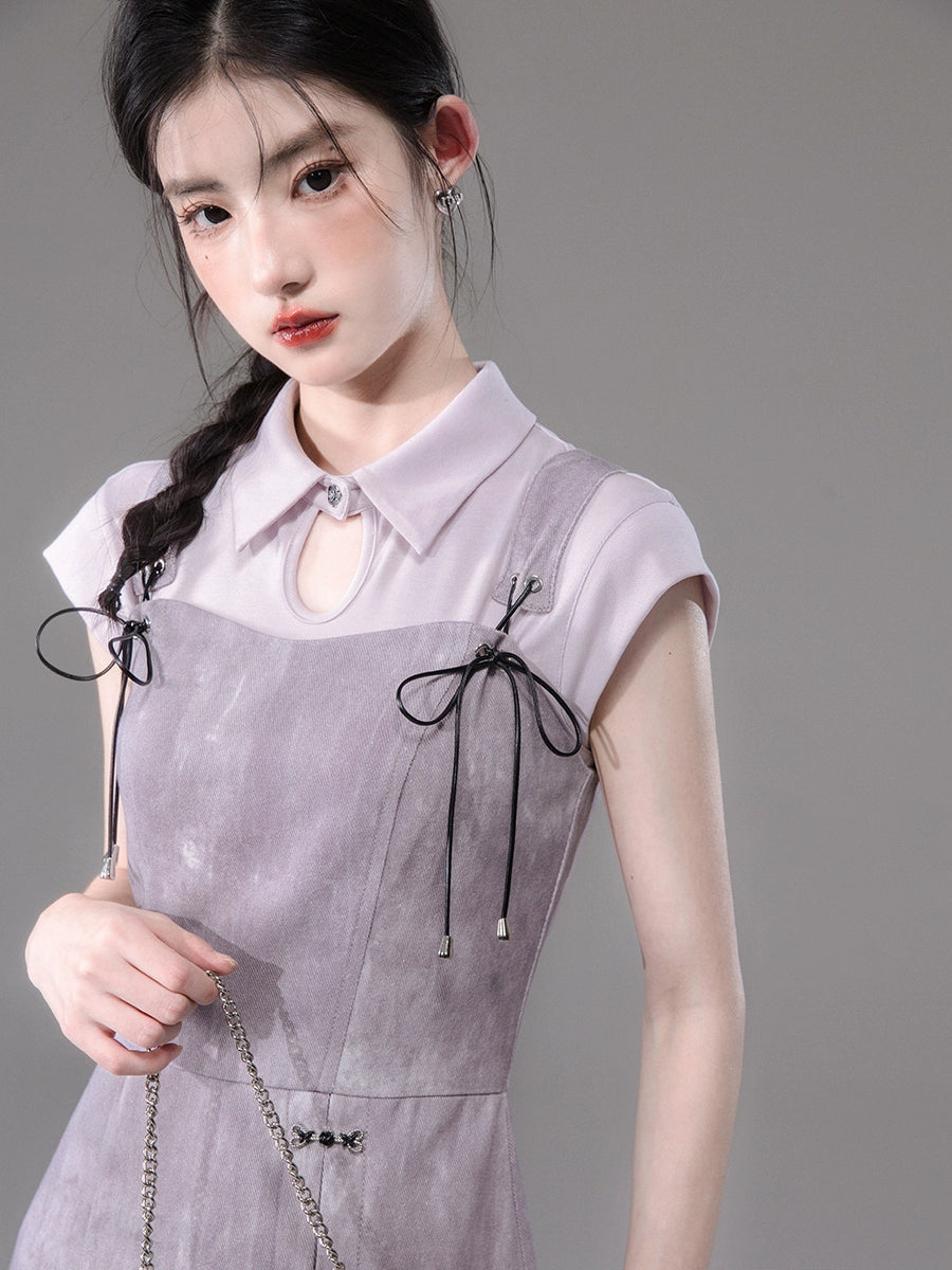 Short Sleeve Polo Collar Knit Top & Bow Camisole Dress Setup NA5531